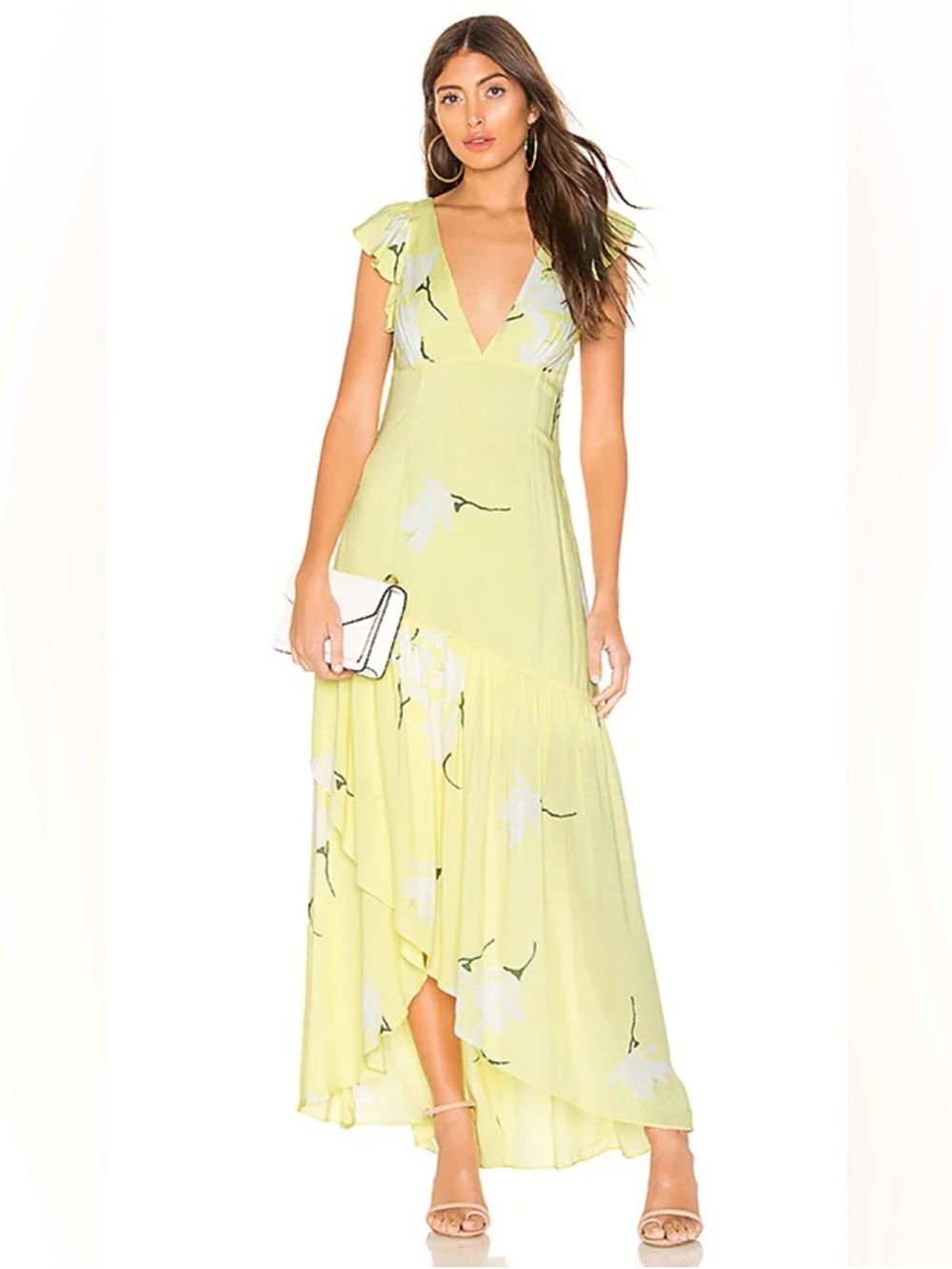 Free People She's A Waterfall Butter Yellow Floral
Ruffled Deep V Neck Dress
